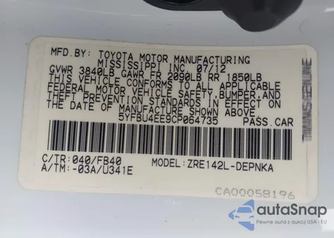 2012 Toyota Corolla Le from USA, damaged, VIN 5YFBU4EE9CP064735